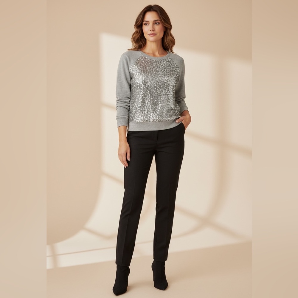 Chico's Light Gray & Silver Crewneck Longsleeve Top with Sequins